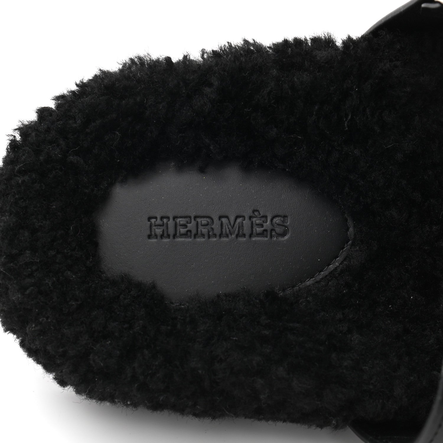 Hermes Calfskin Woolskin Womens Chypre Sandals 38 Black 7 of 8