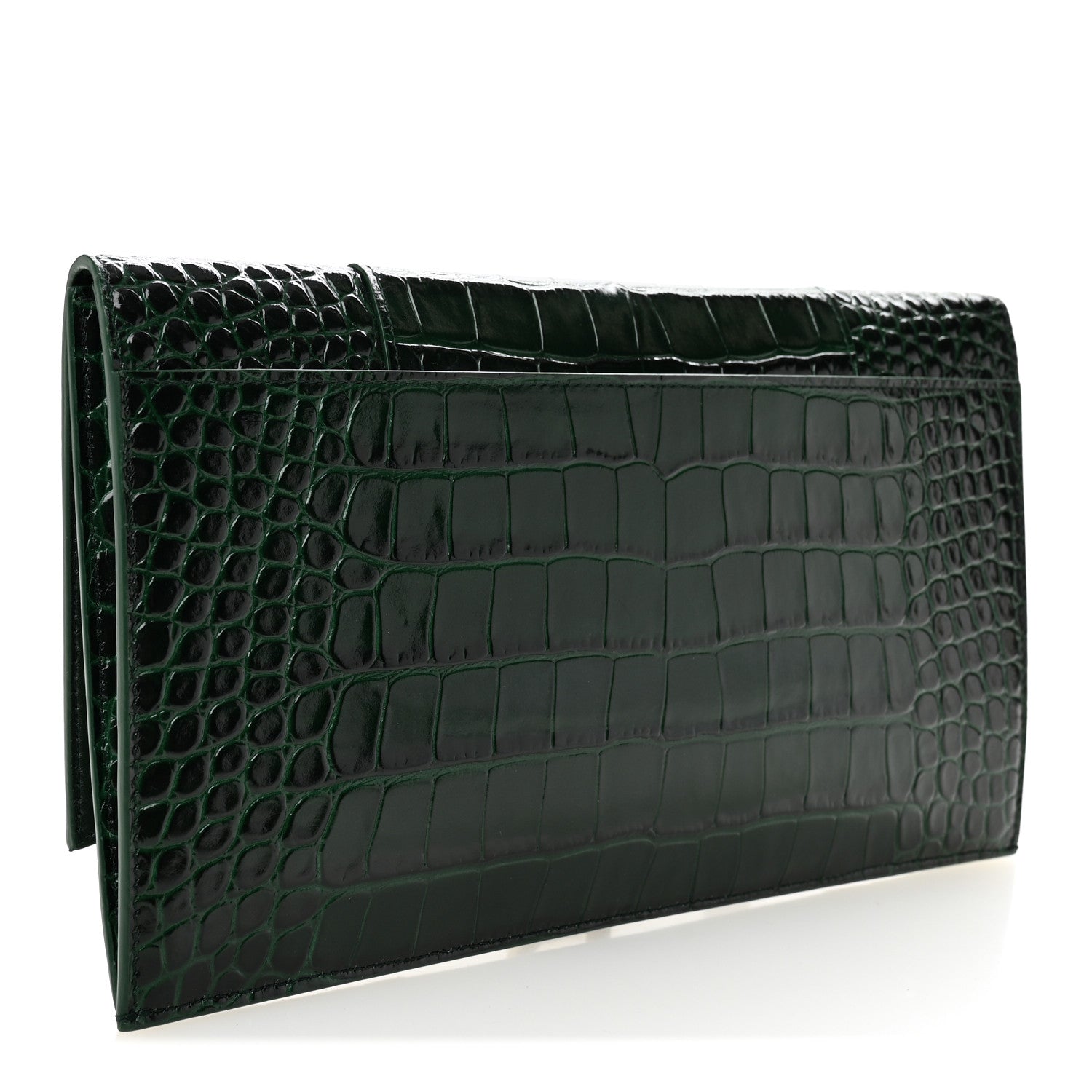 Balenciaga Shiny Calfskin Crocodile Embossed Hourglass Flap Flat Pouch Forest Green 3 of 6