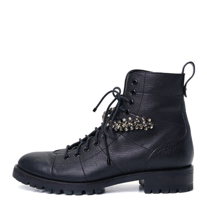 Jimmy Choo Grained Calfskin Crystal Embellished Cruz Combat Boots 40.5 Black 1 of 7