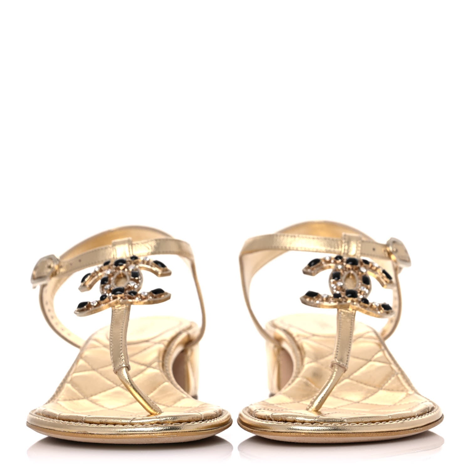 Chanel Laminated Lambskin Quilted CC Pearl Thong Sandals 38.5 Gold 2 of 10