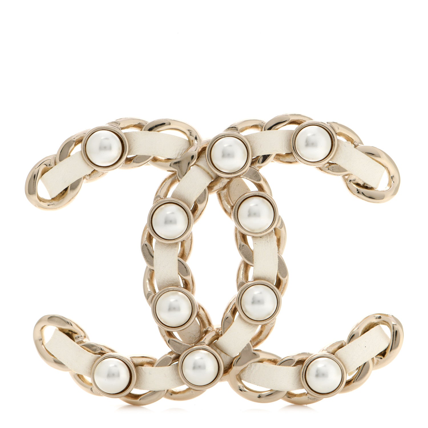 Chanel Lambskin Pearl Chain CC Brooch Gold White 1 of 5