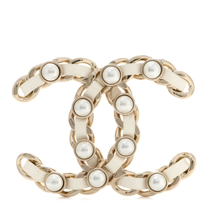 Chanel Lambskin Pearl Chain CC Brooch Gold White 1 of 5