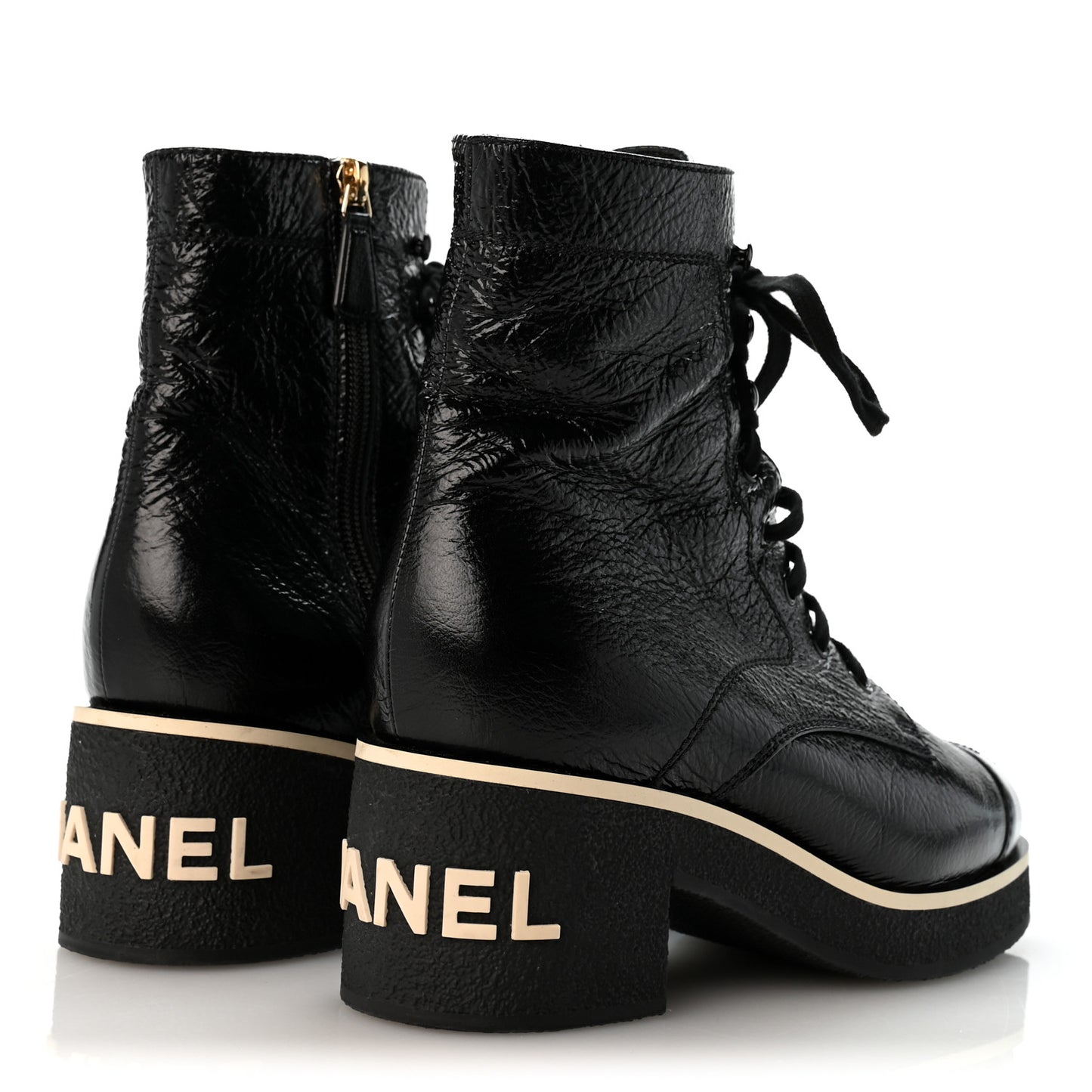 Shiny Crumpled Lambskin Lace Up Combat Boots 38 Black