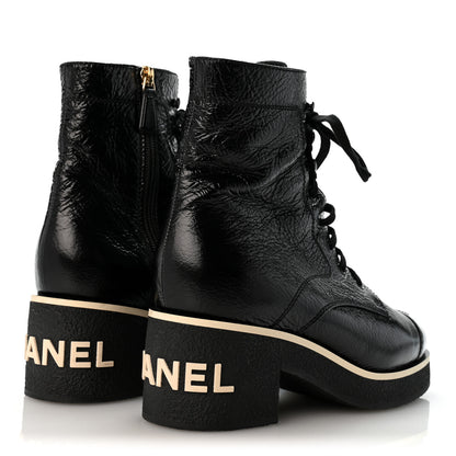 Chanel Shiny Crumpled Lambskin Lace Up Combat Boots 38 Black 5 of 10