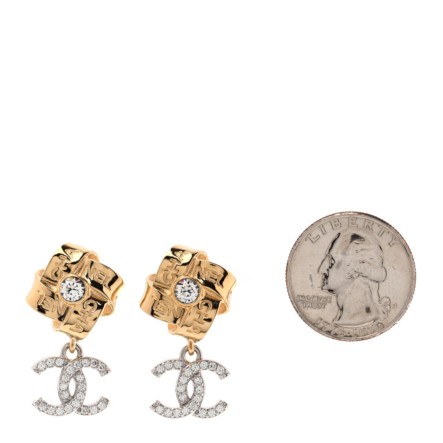 Chanel Crystal CC Drop Earrings Gold Silver 2 of 5