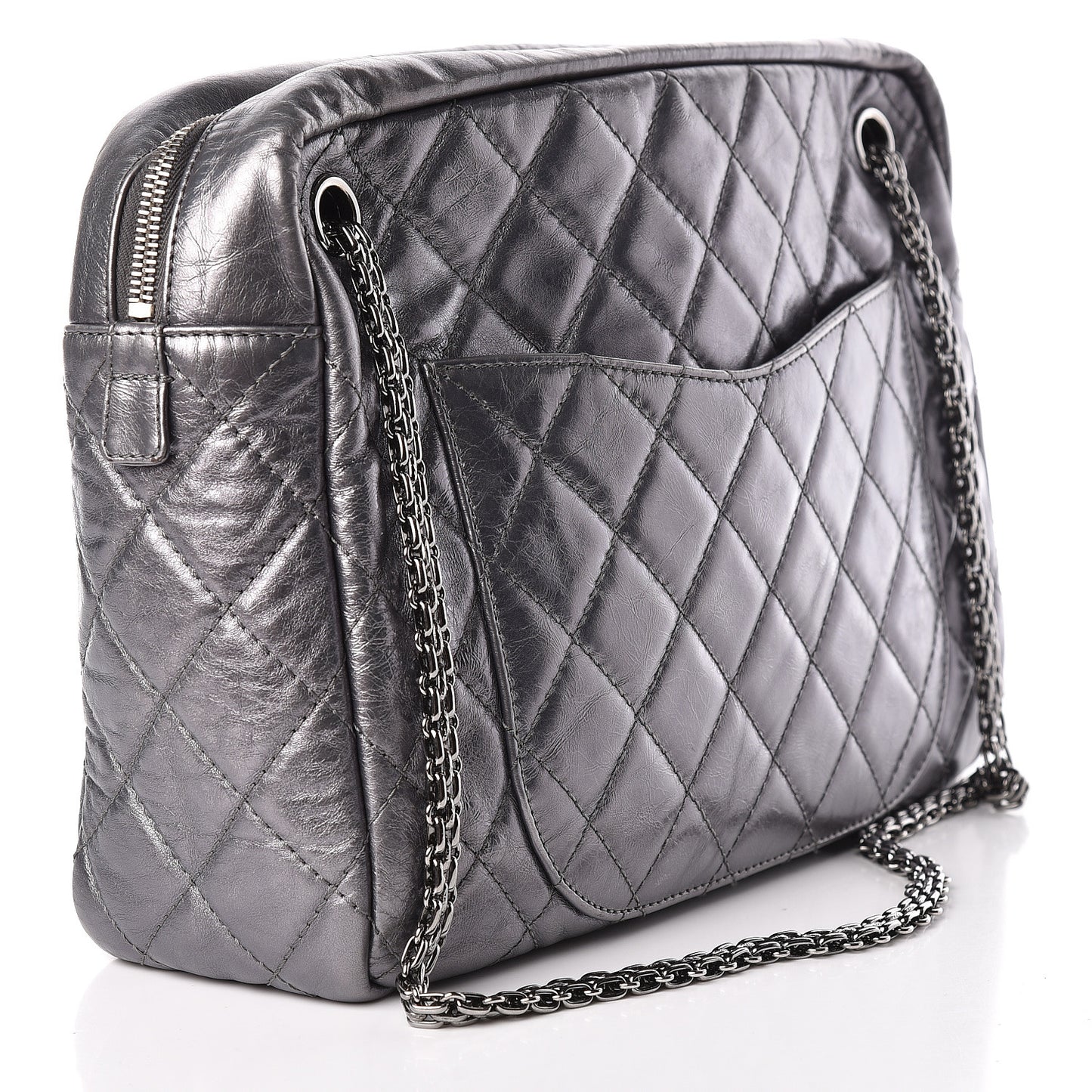 Metallic Aged Calfskin Quilted Large Reissue Camera Case Silver
