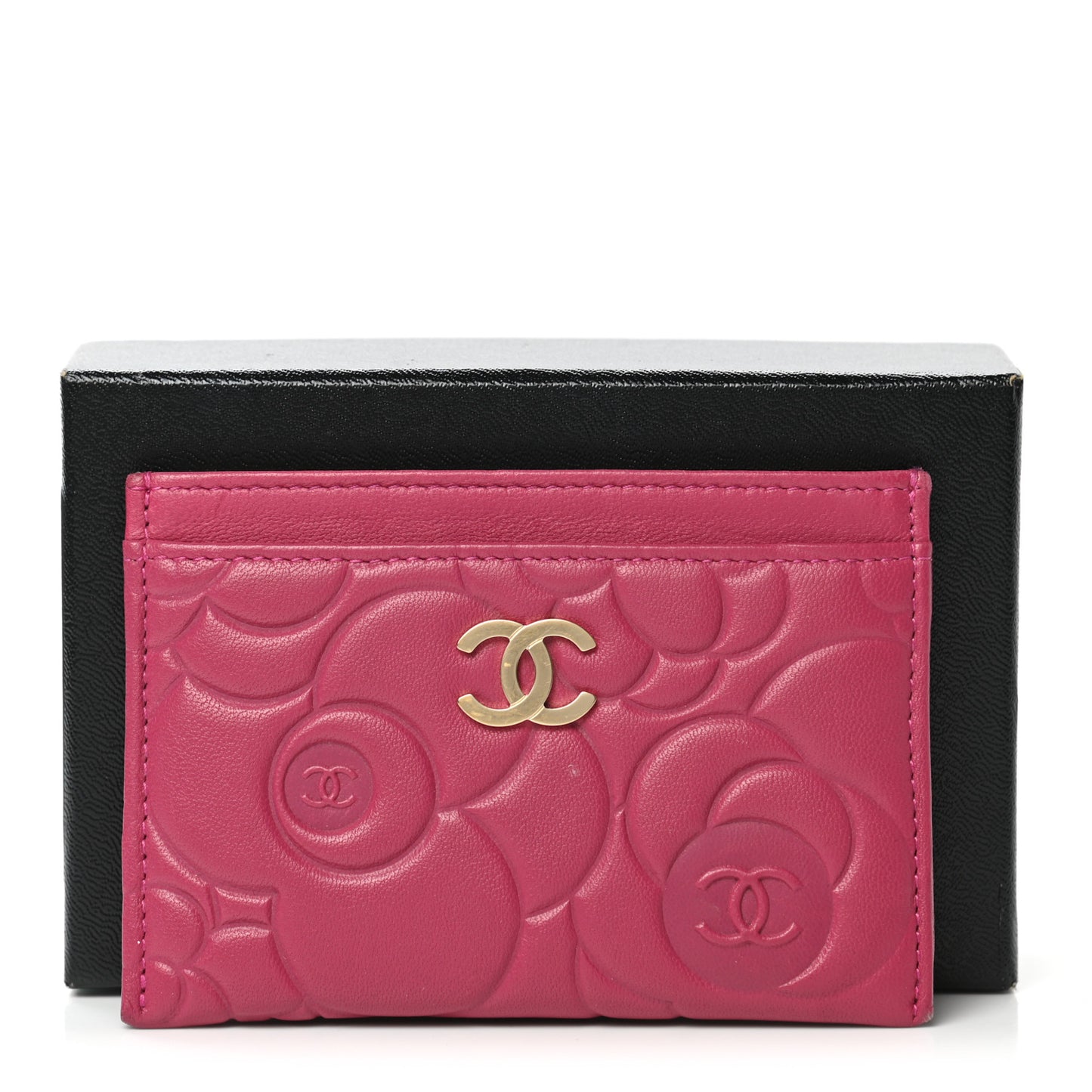 Lambskin Camellia Embossed Card Holder Fuchsia