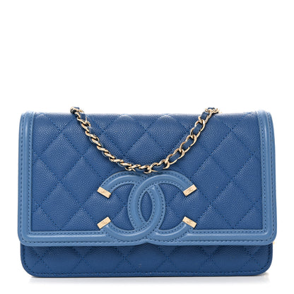 Chanel Caviar Quilted CC Filigree Wallet On Chain WOC Blue 1 of 12