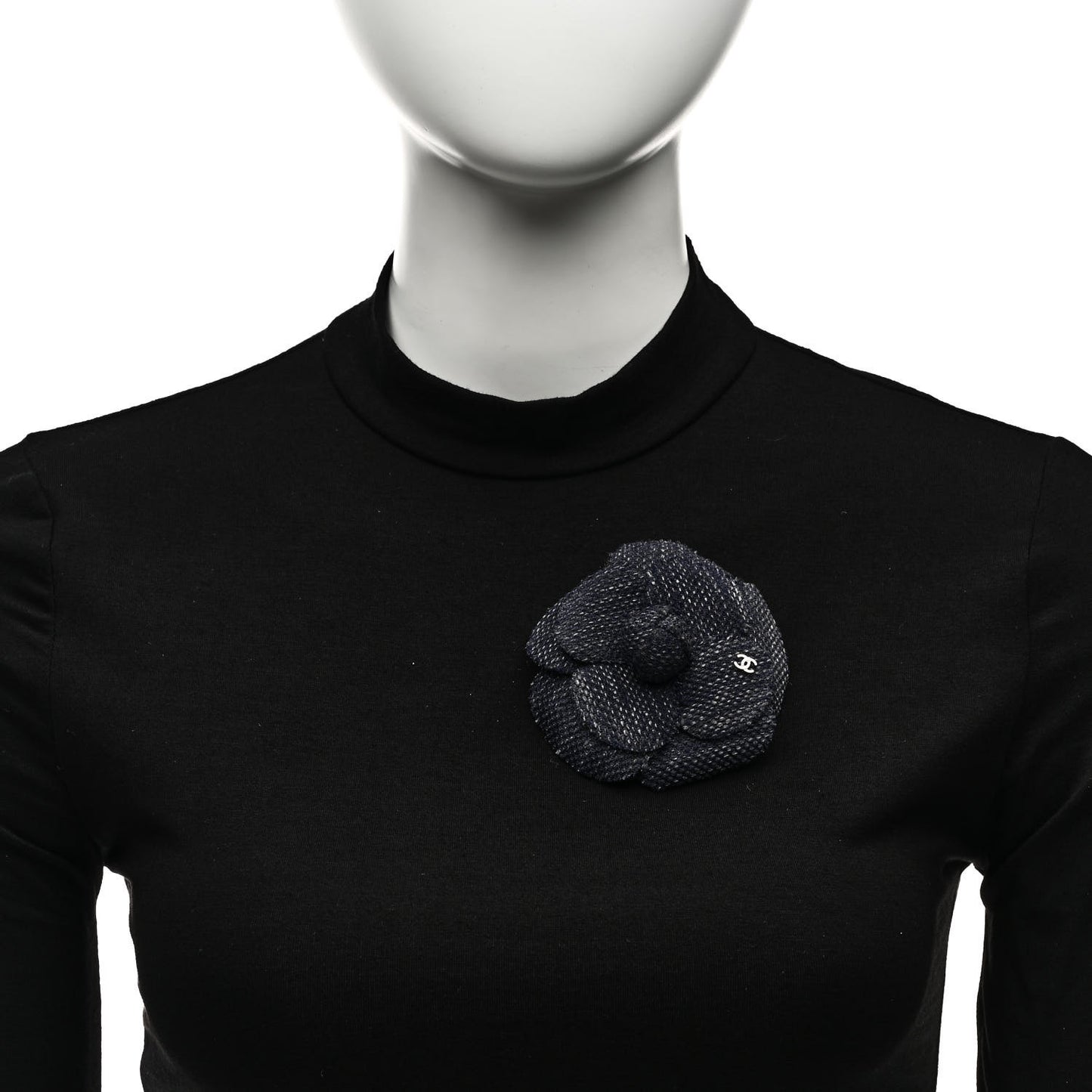 Tweed Camellia CC Pin Brooch Blue