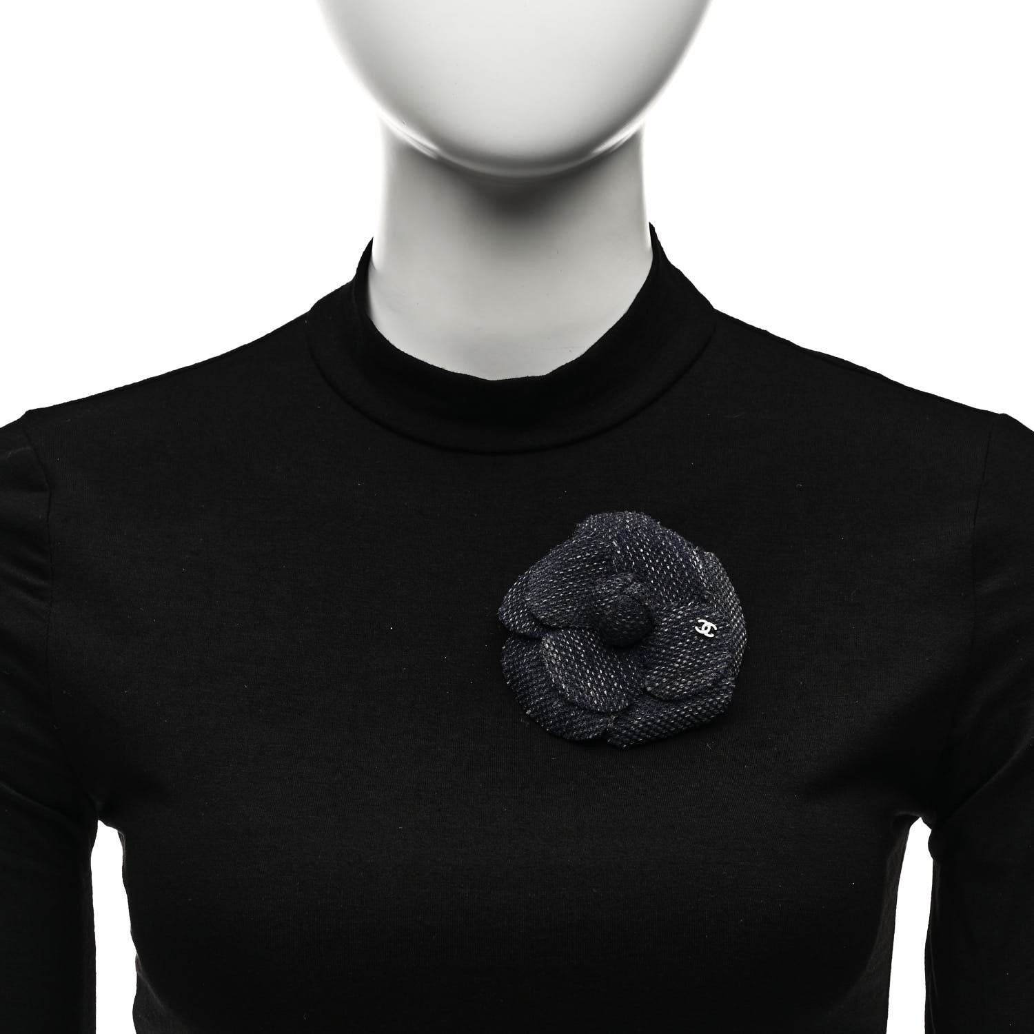 Chanel Tweed Camellia CC Pin Brooch Blue 2 of 4