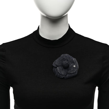 Chanel Tweed Camellia CC Pin Brooch Blue 2 of 4