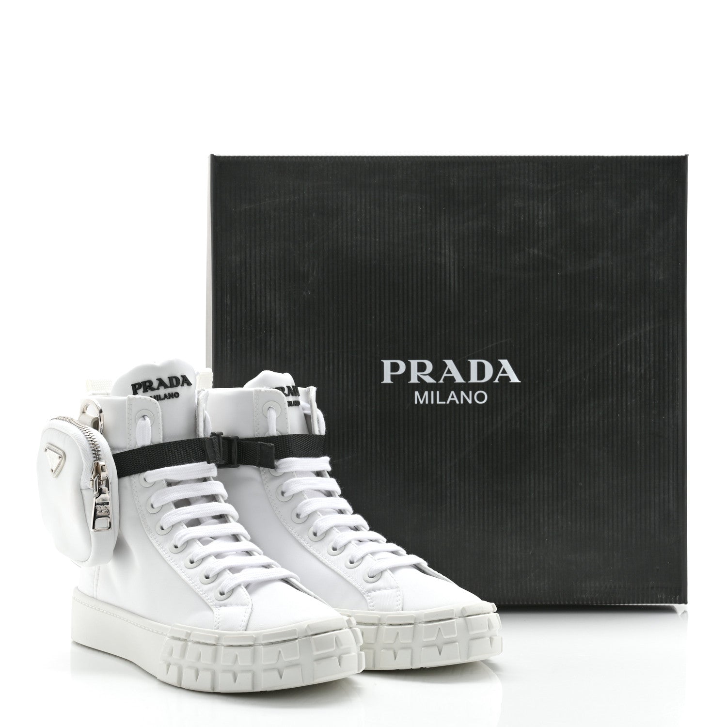 Prada Re-Nylon Gabardine Metal Triangle Logo Wheel Pouch Pocket High Top Sneakers 38 White 10 of 10