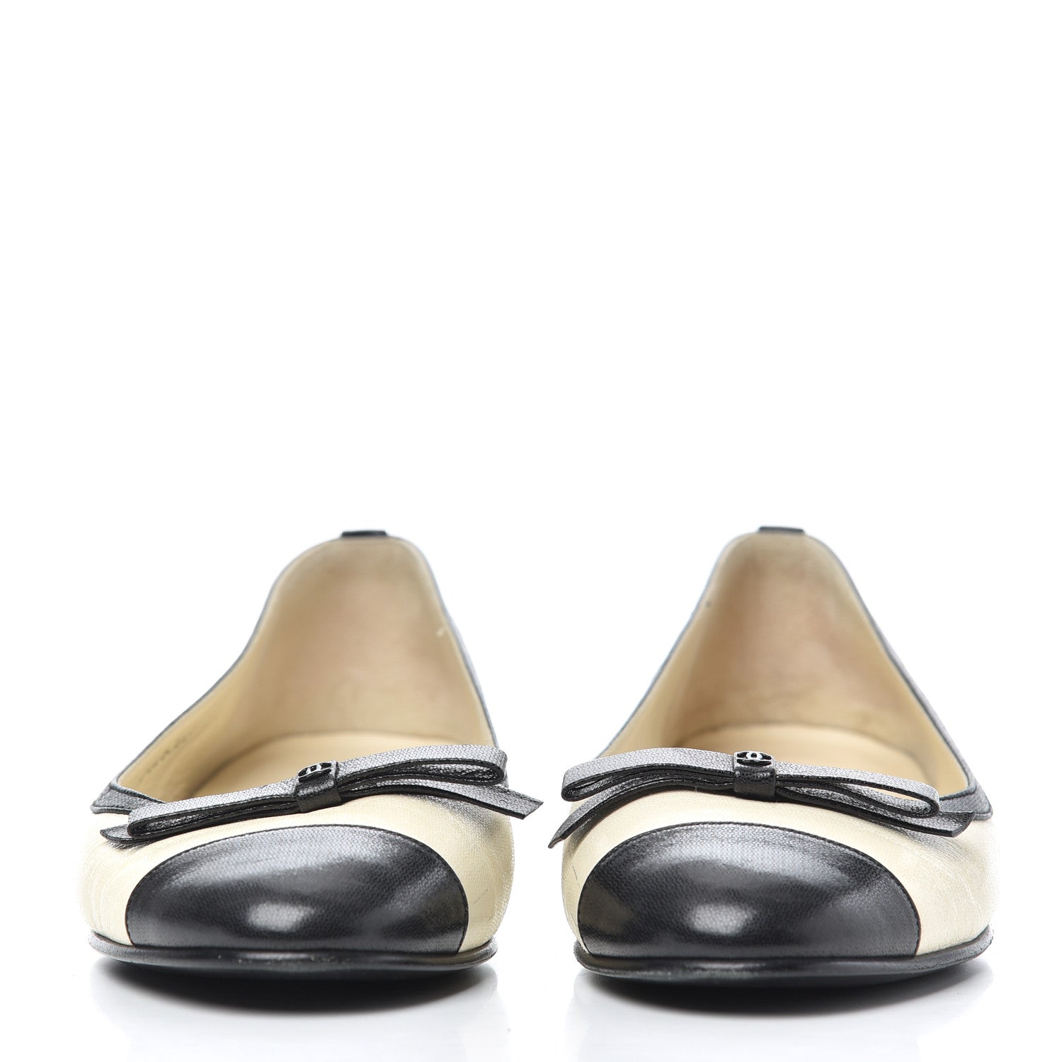 Chanel Goatskin Cap Toe Bow CC Ballerina Flats 36.5 Ivory Black 2 of 24