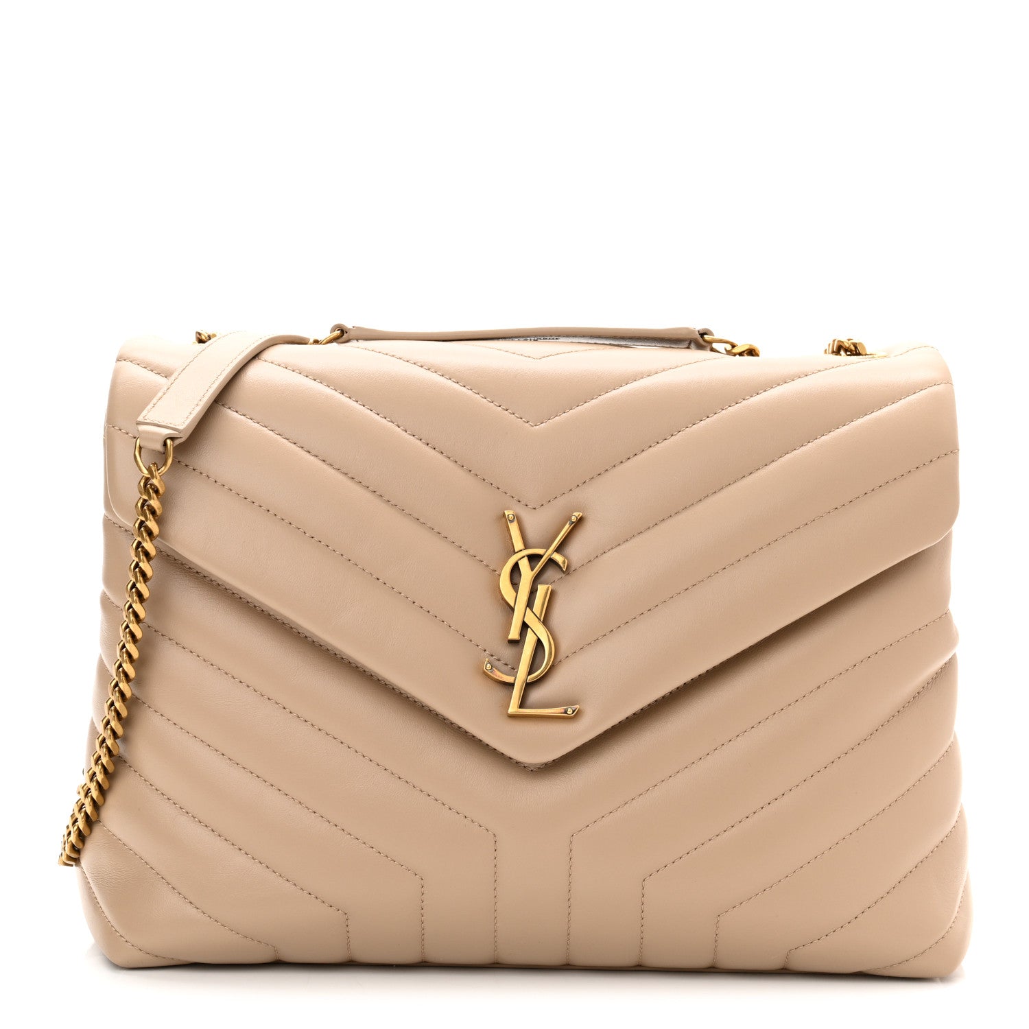 product image of SAINT LAURENT Calfskin Y Quilted Monogram Medium Loulou Chain Satchel Dark Beige FASHIONPHILE