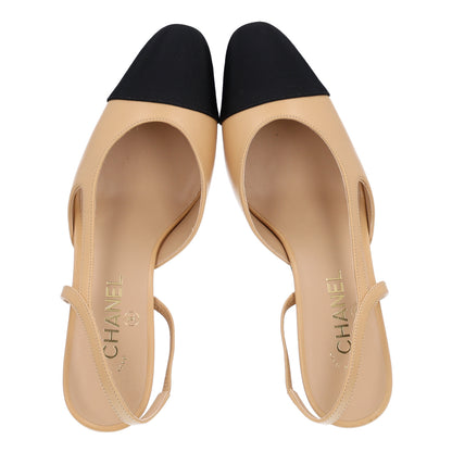 Chanel Goatskin Grosgrain Cap Toe CC Slingback Pumps 40 Beige Black 2 of 11