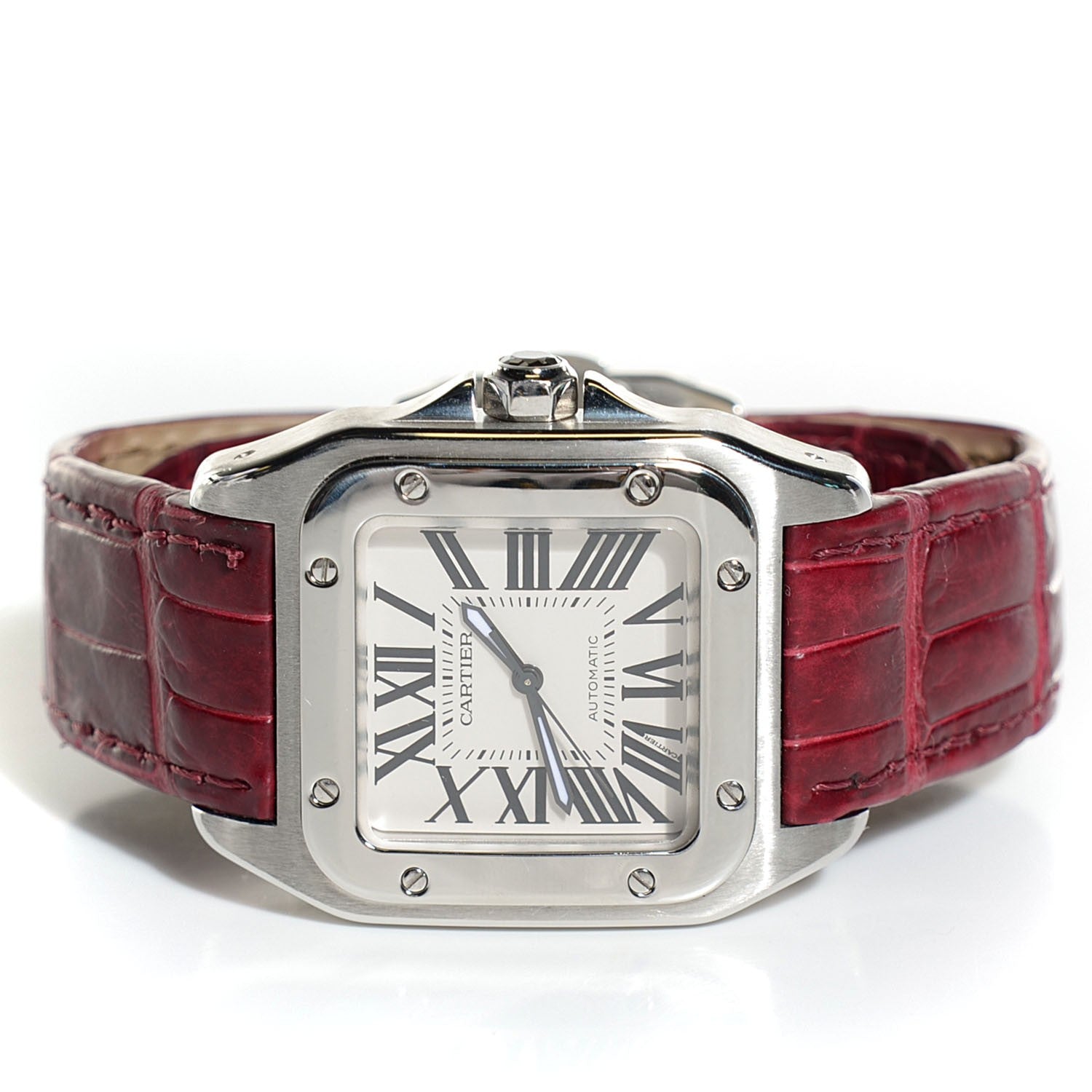 Cartier Stainless Steel Alligator 33mm Santos 100 Automatic Watch Red 3 of 8