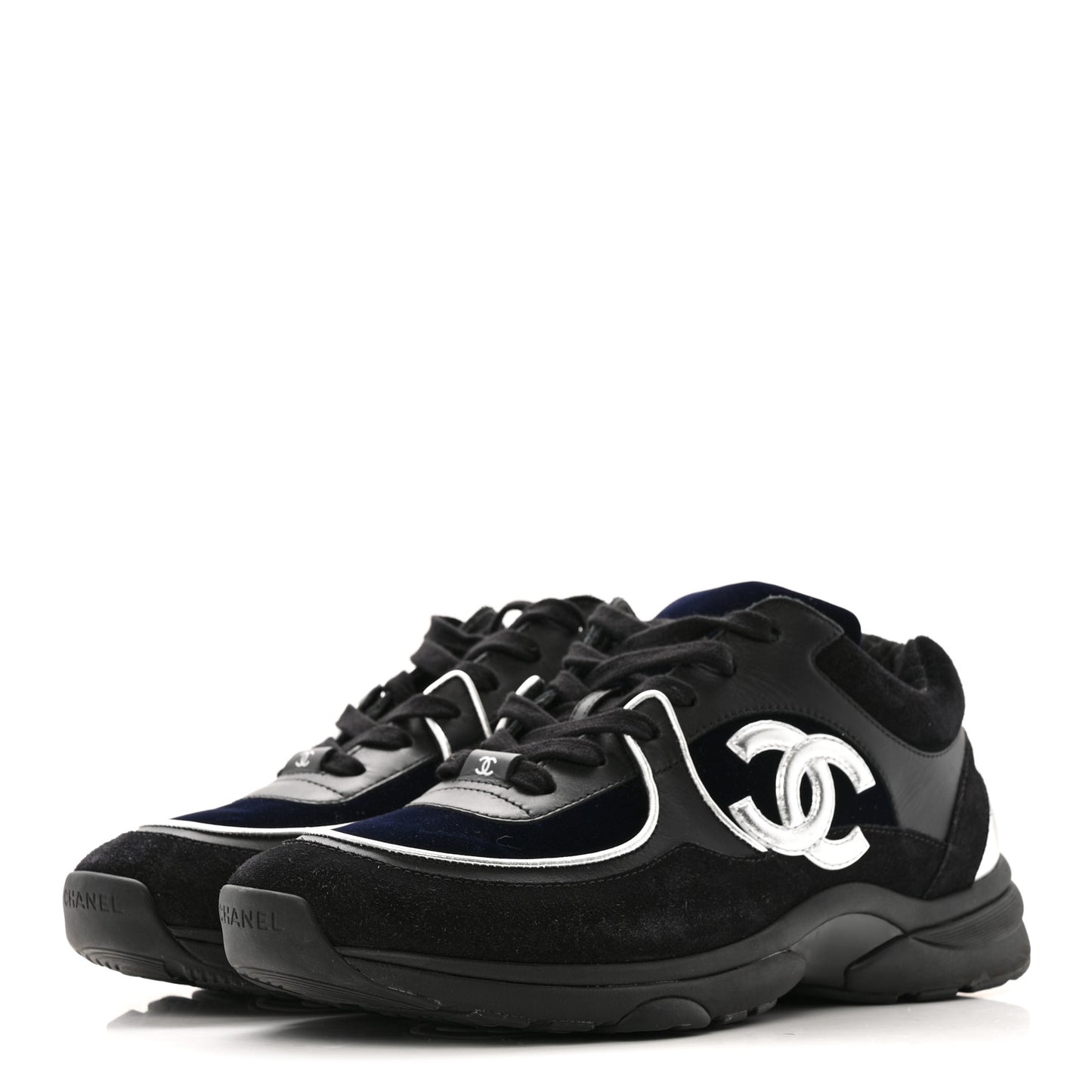 Suede Velvet Lambskin Mens CC Sneakers 44 Black Blue Silver