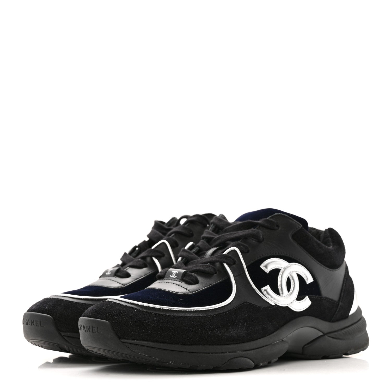 Chanel Suede Velvet Lambskin Mens CC Sneakers 44 Black Blue Silver 4 of 11