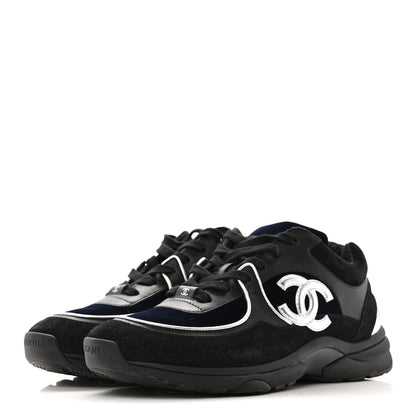 Chanel Suede Velvet Lambskin Mens CC Sneakers 44 Black Blue Silver 4 of 11