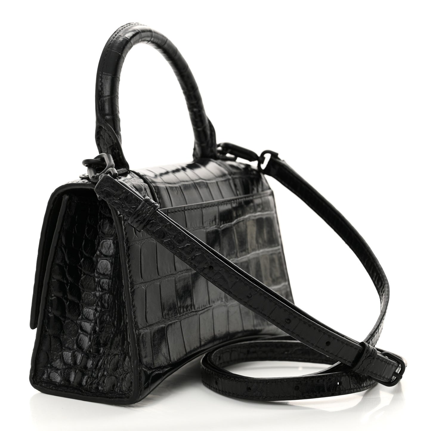 Shiny Calfskin Monochrome Crocodile Embossed Hourglass Top Handle Bag XS Black