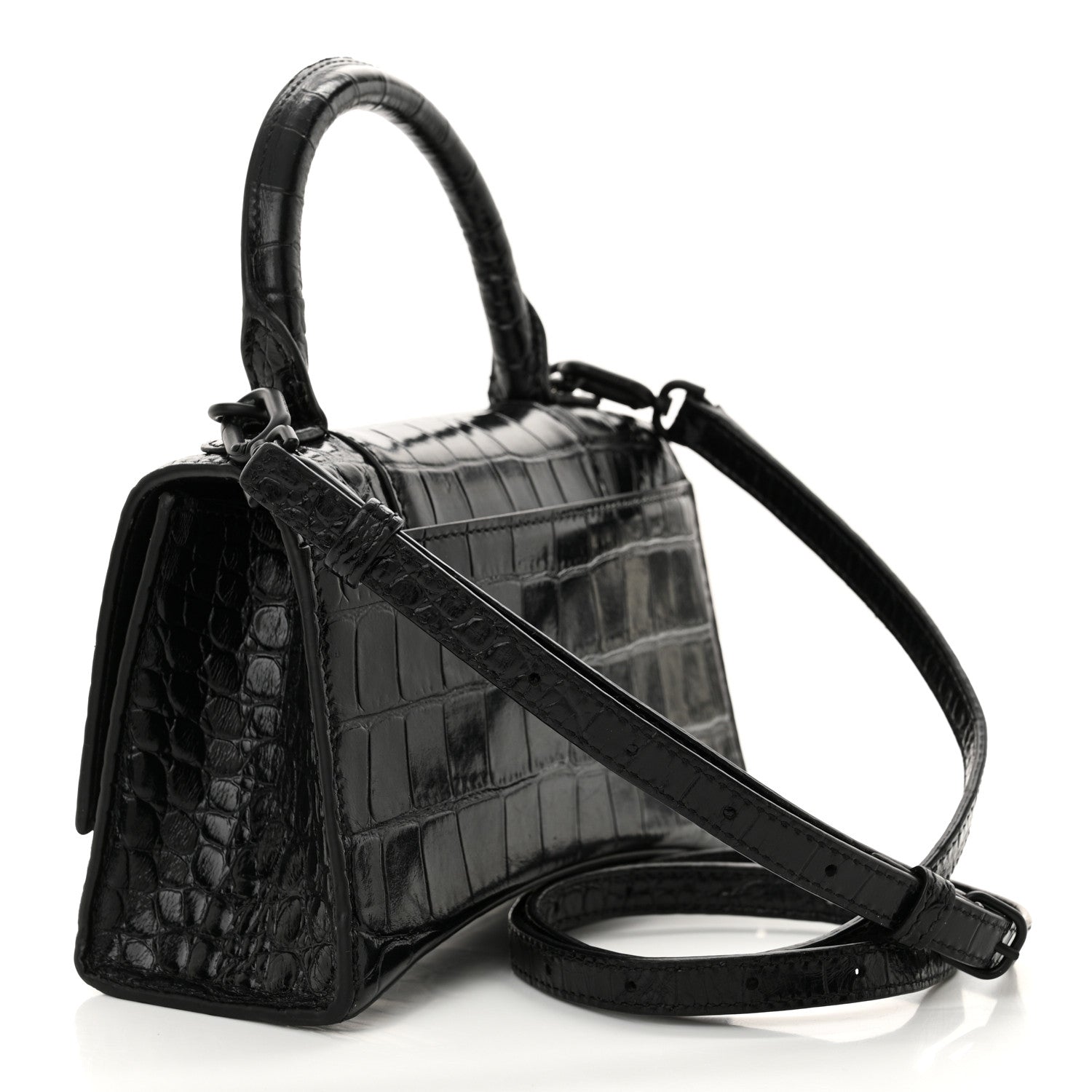 Balenciaga Shiny Calfskin Monochrome Crocodile Embossed Hourglass Top Handle Bag XS Black 3 of 13