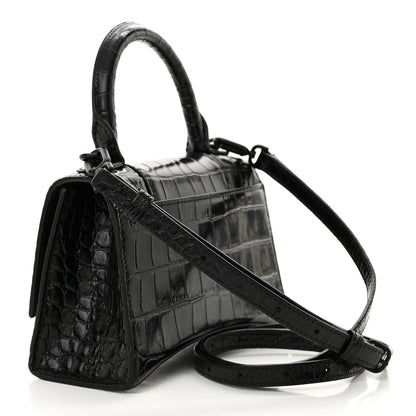 Balenciaga Shiny Calfskin Monochrome Crocodile Embossed Hourglass Top Handle Bag XS Black 3 of 13