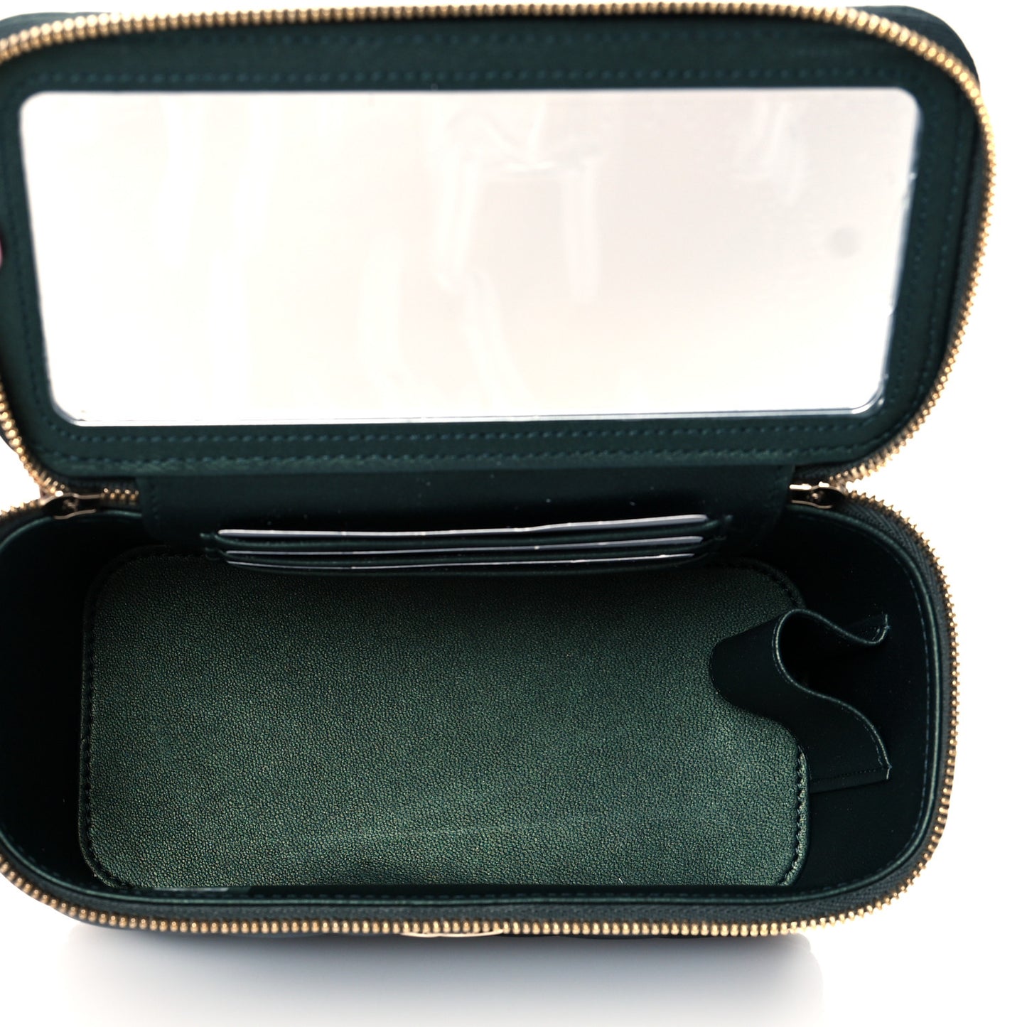 Iridescent Lambskin Quilted Small Top Handle Vanity Case With Chain Dark Green