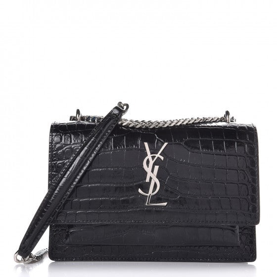 Saint Laurent Calfskin Crocodile Embossed Monogram Sunset Chain Wallet Black 1 of 7