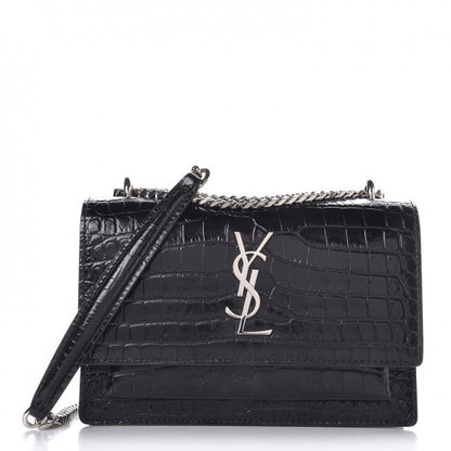 Saint Laurent Calfskin Crocodile Embossed Monogram Sunset Chain Wallet Black 1 of 7
