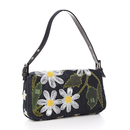 Fendi Denim Flower Applique Baguette Blue 3 of 13