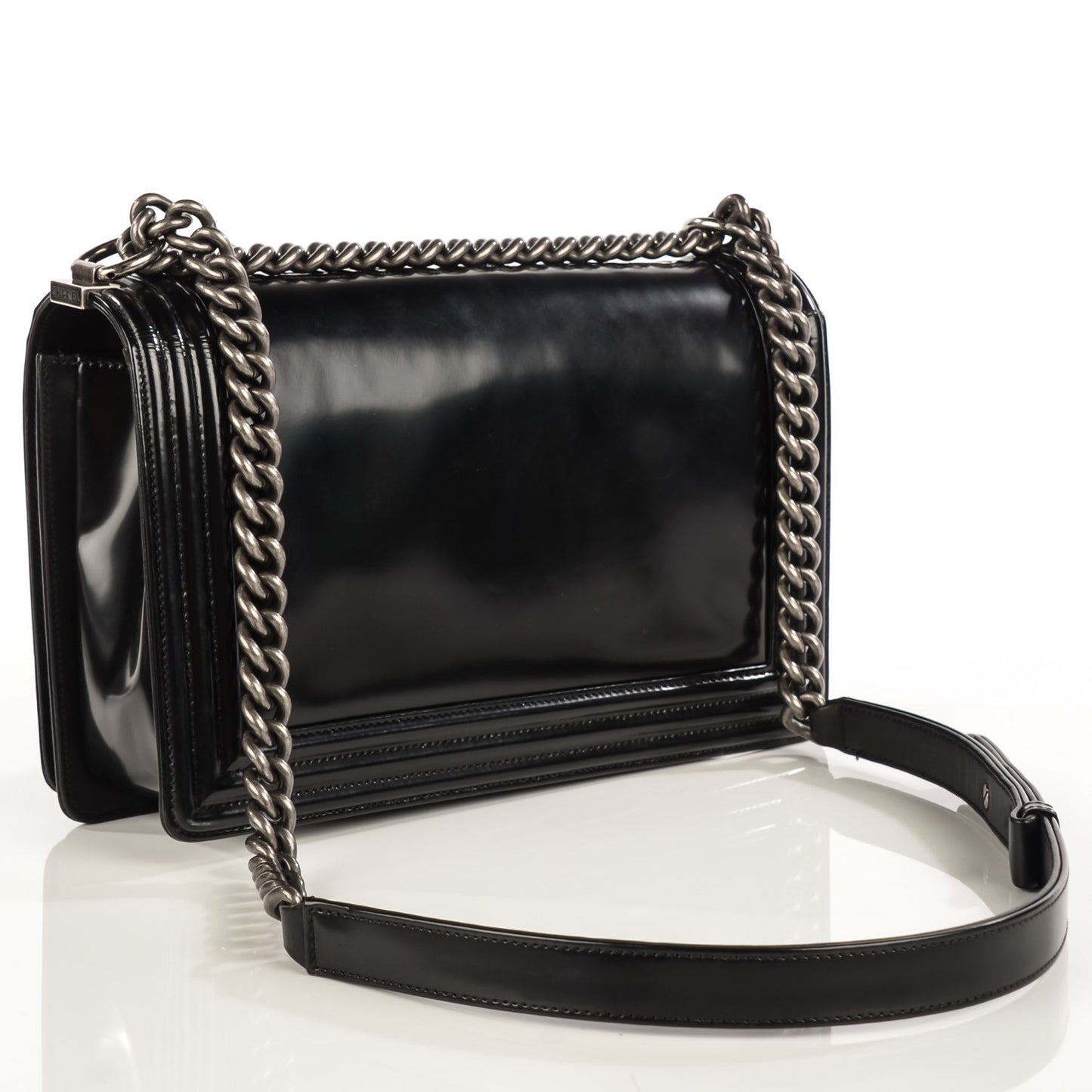 Glazed Calfskin Medium Boy Flap Black
