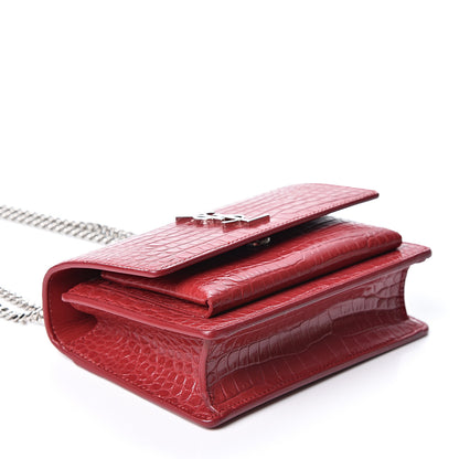 Saint Laurent Calfskin Crocodile Embossed Monogram Sunset Chain Wallet New Lipstick Red 3 of 8