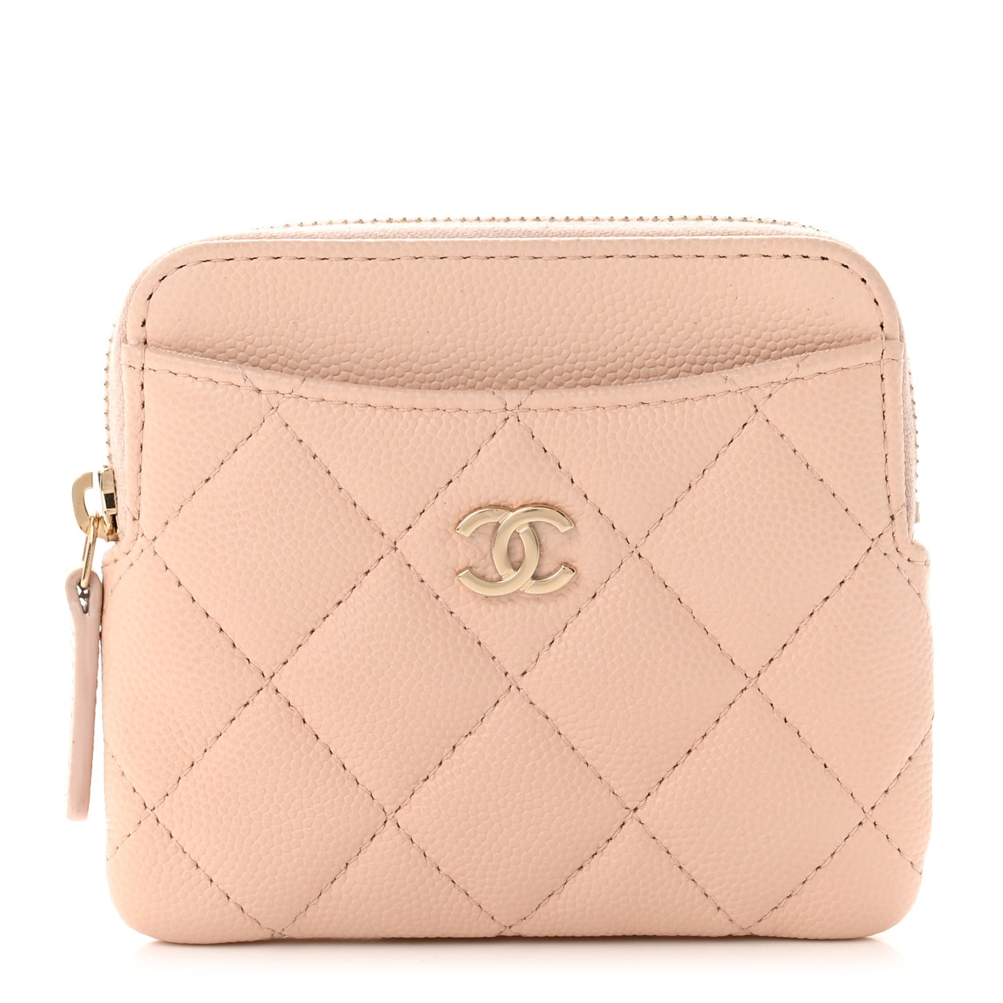 Caviar Quilted Zip Card Holder Wallet Light Beige