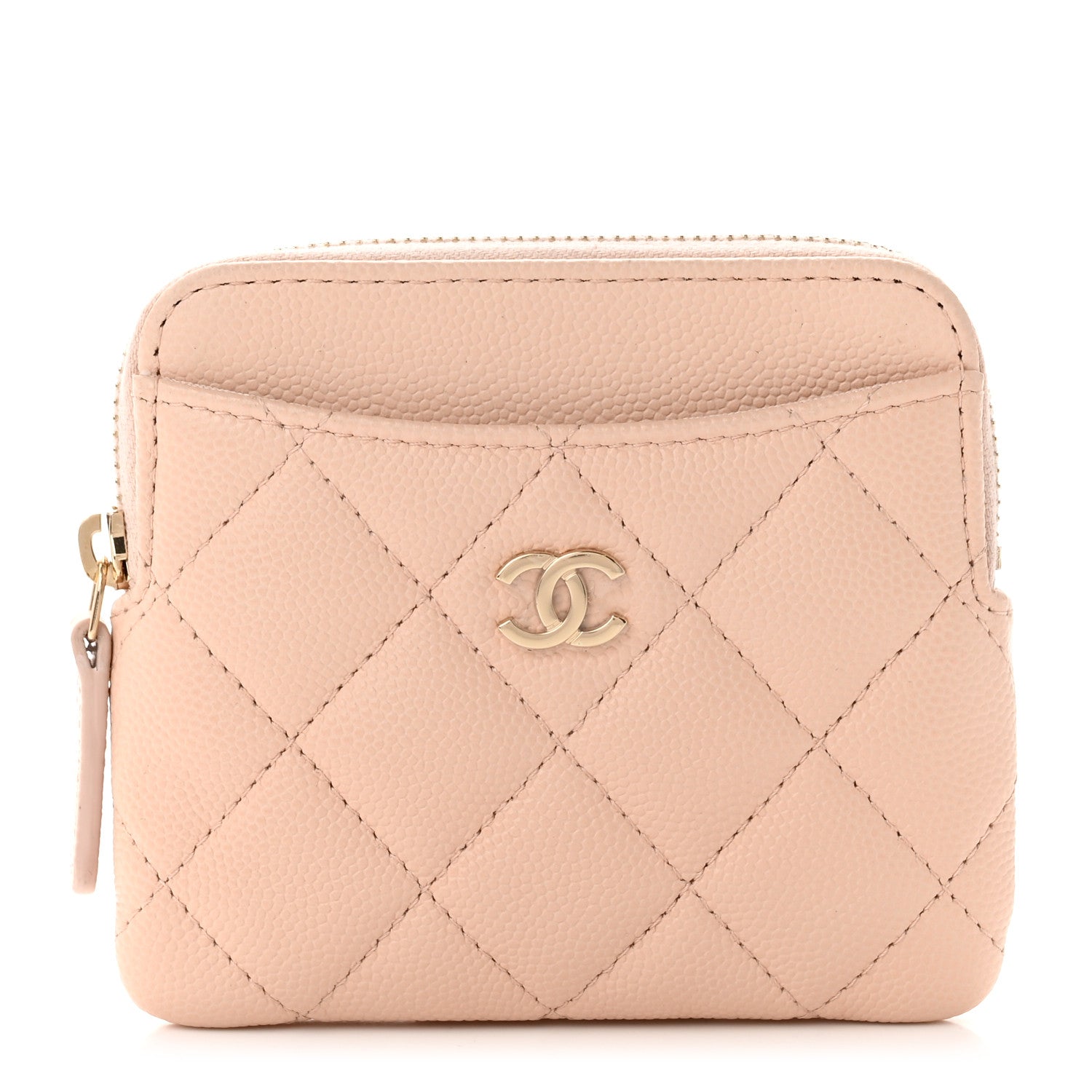 Chanel Caviar Quilted Zip Card Holder Wallet Light Beige 1 of 8