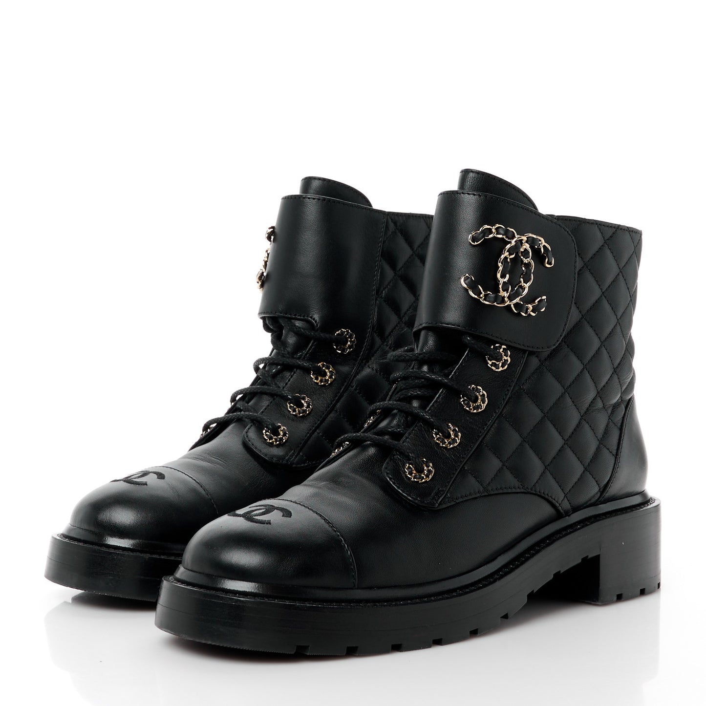 Shiny Calfskin Quilted Lace Up Combat Boots 41 Black