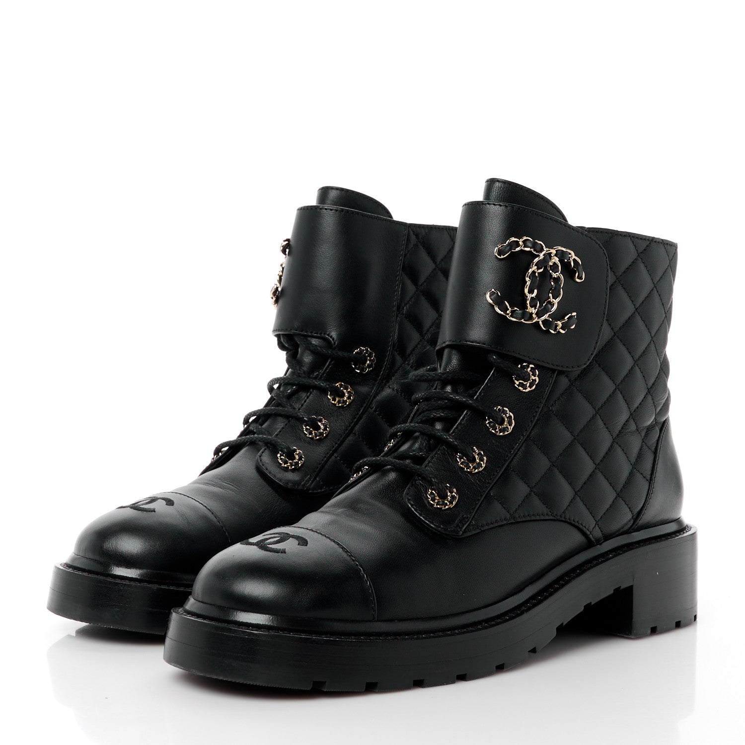 Chanel Shiny Calfskin Quilted Lace Up Combat Boots 41 Black 3 of 8