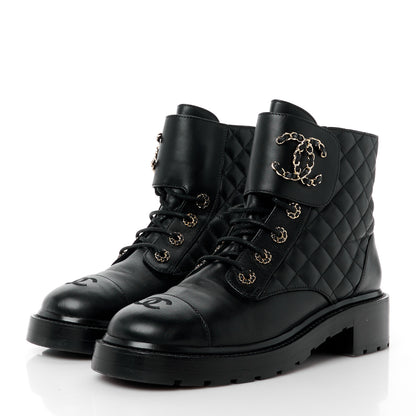 Chanel Shiny Calfskin Quilted Lace Up Combat Boots 41 Black 3 of 8