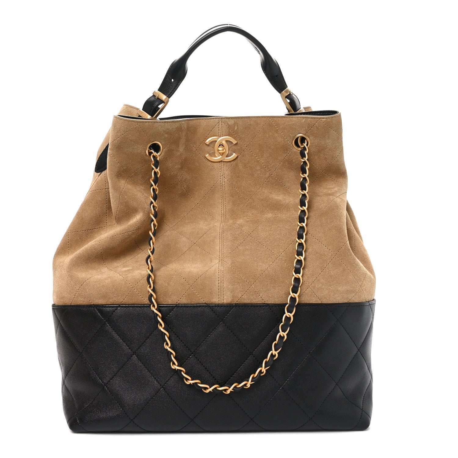 Chanel Suede Calfskin Shiny Lambskin Quilted Large Coco Base Shopping Bag Beige Black 1 of 10