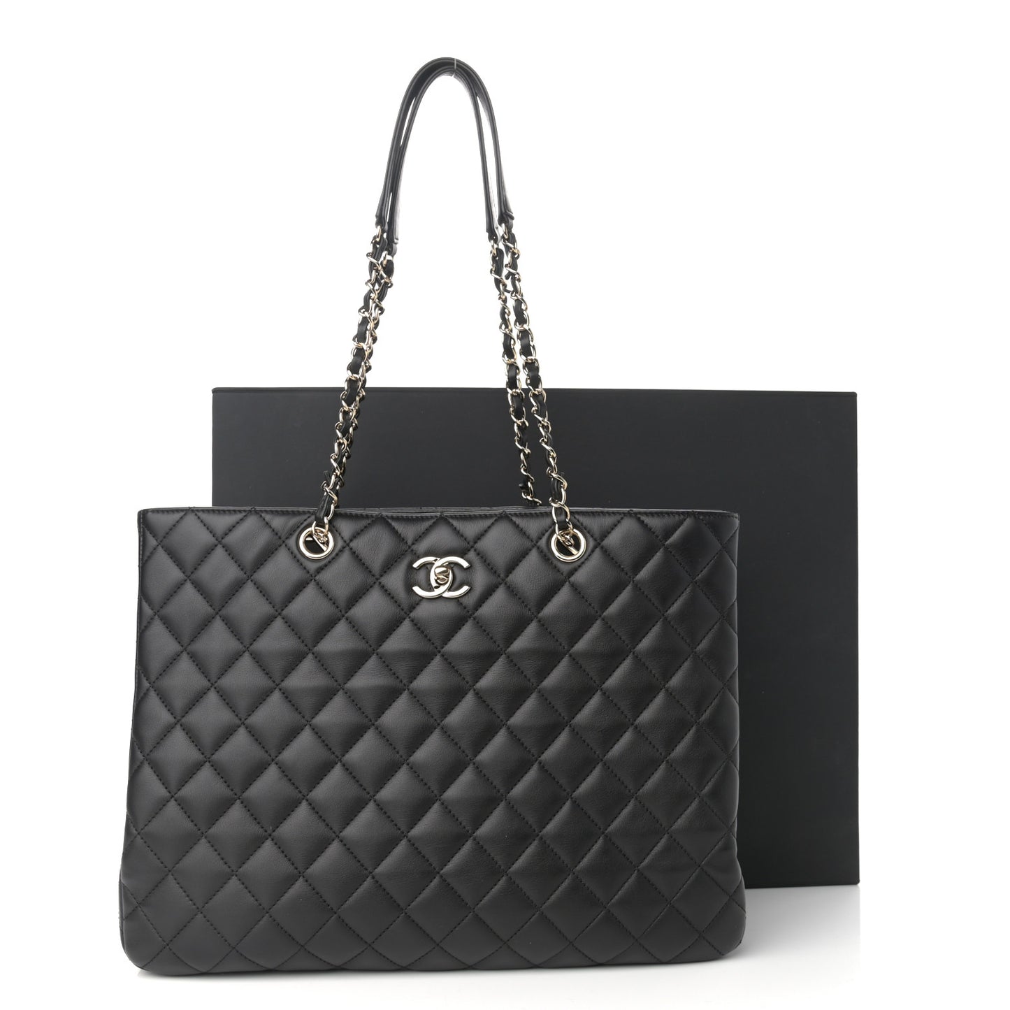 Lambskin Quilted Large Classic Shopping Tote Black