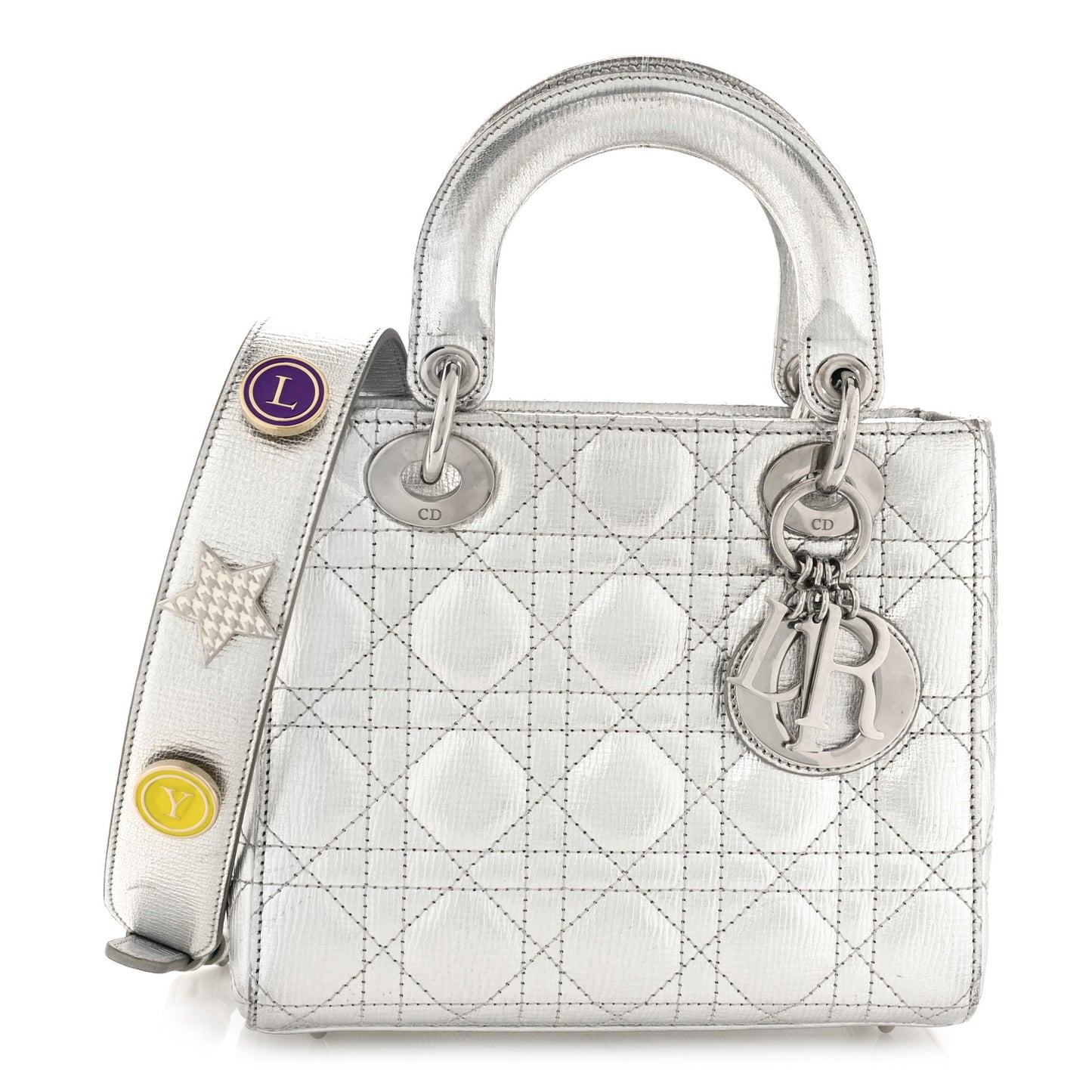 Metallic Grained Calfskin Cannage Small Lucky Badges My Lady Dior Silver