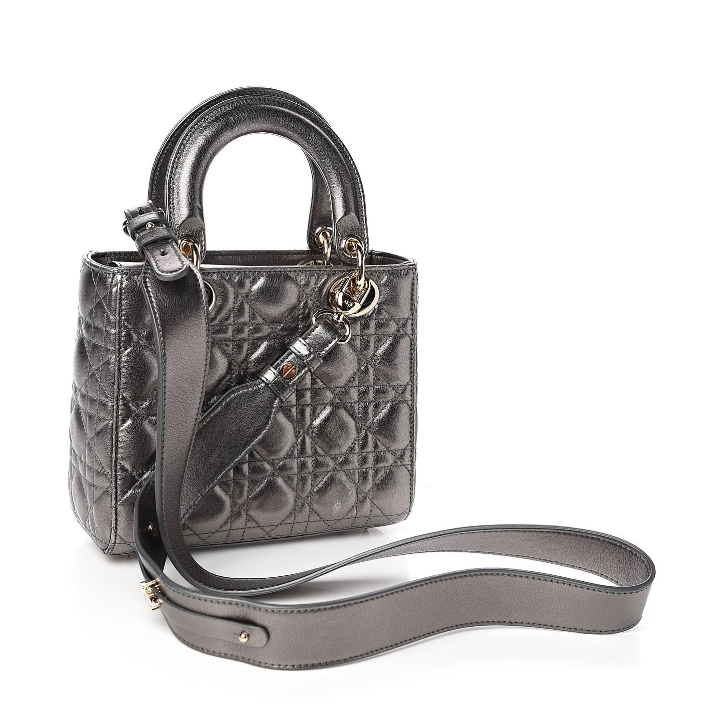 Metallic Grained Calfskin Cannage Small Lady Dior Gunmetal