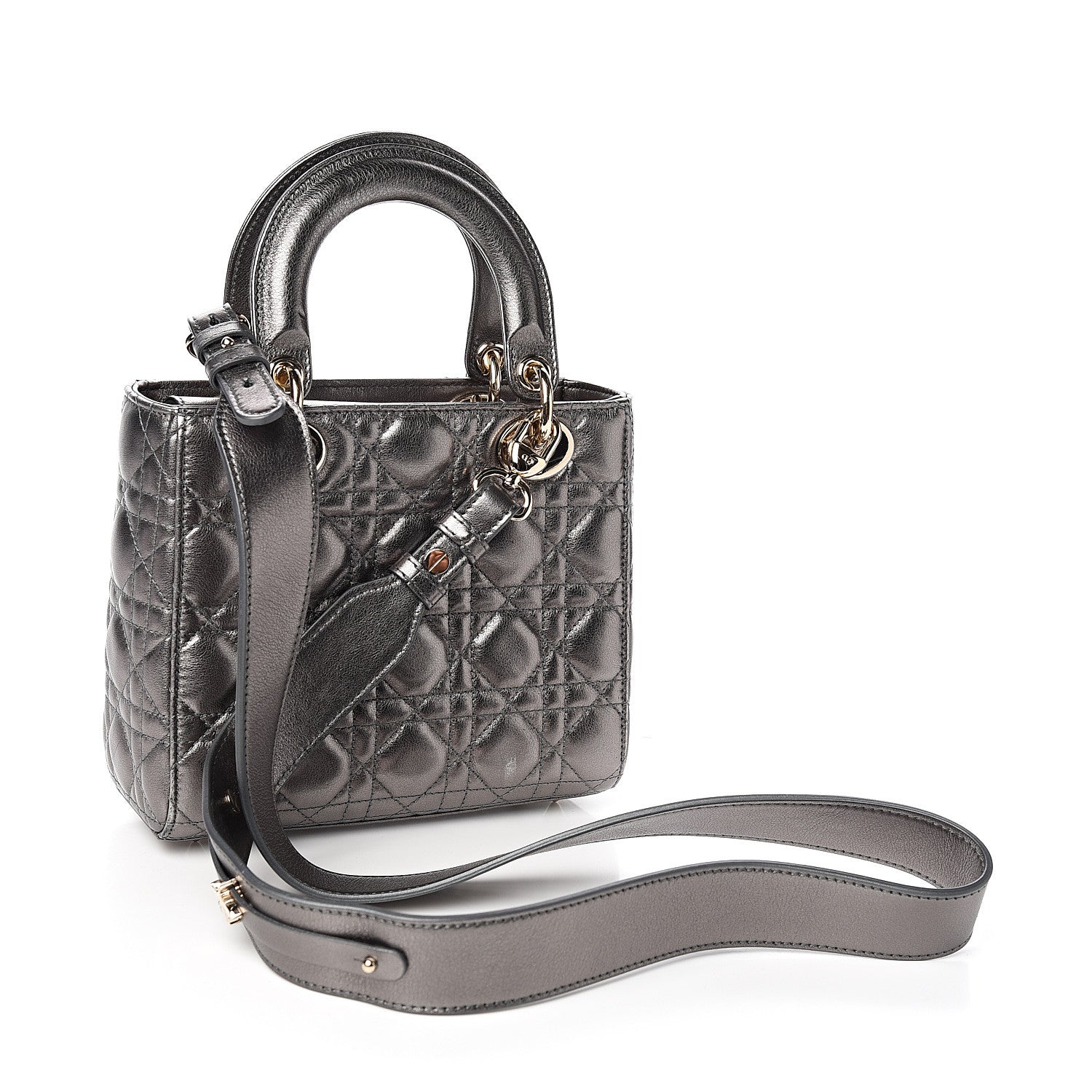 Christian Dior Metallic Grained Calfskin Cannage Small Lady Dior Gunmetal 2 of 10
