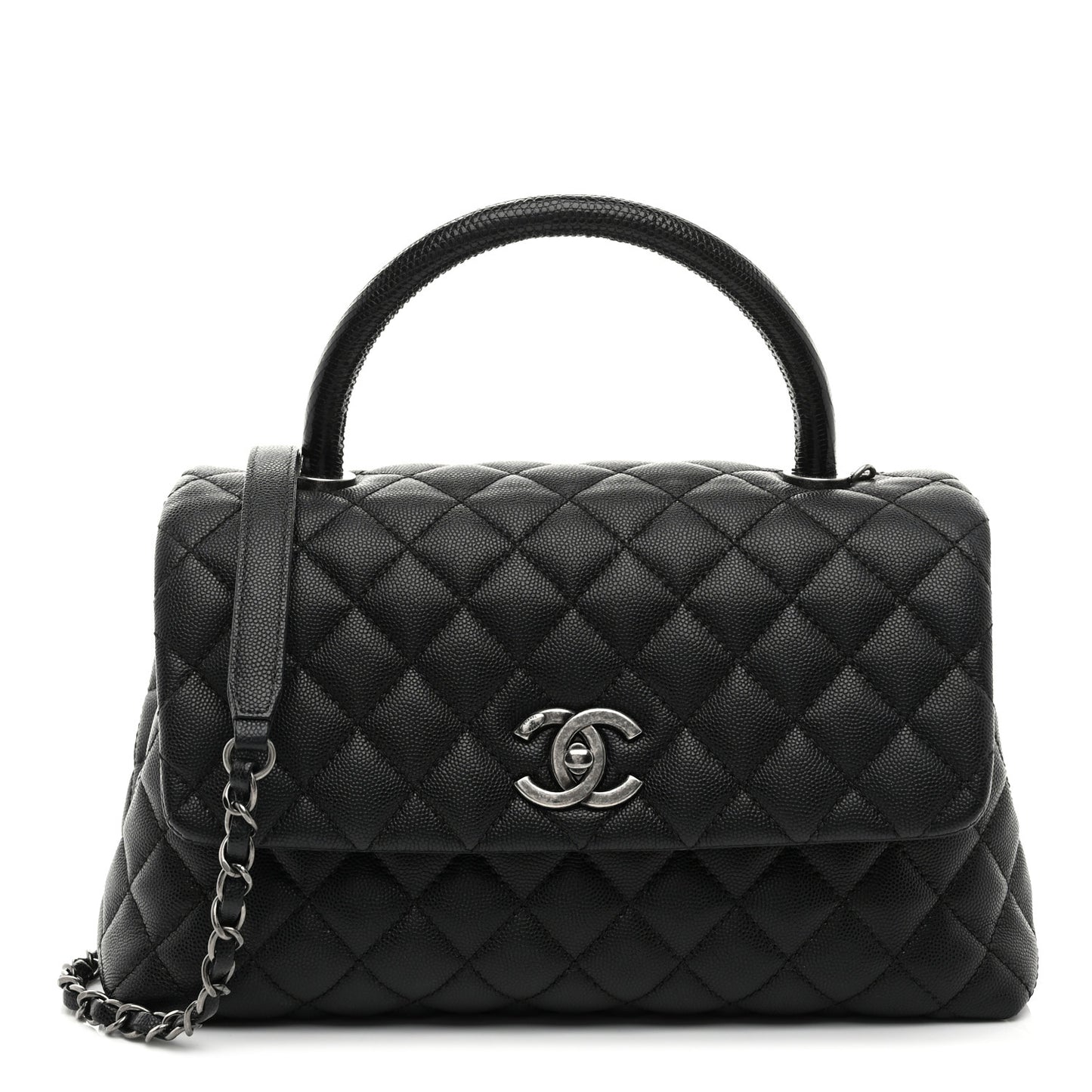 Caviar Lizard Embossed Quilted Small Coco Handle Flap Black