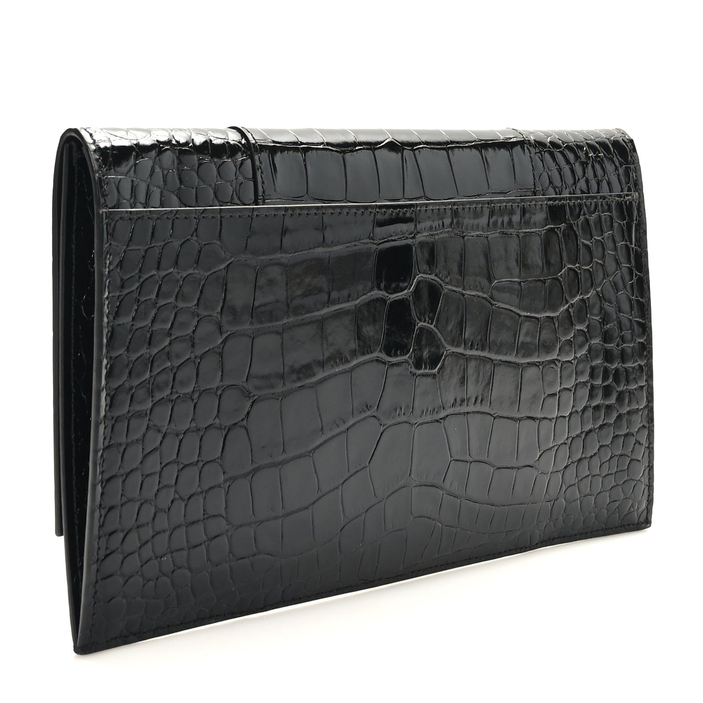 Shiny Calfskin Crocodile Embossed Hourglass Flap Flat Pouch Black