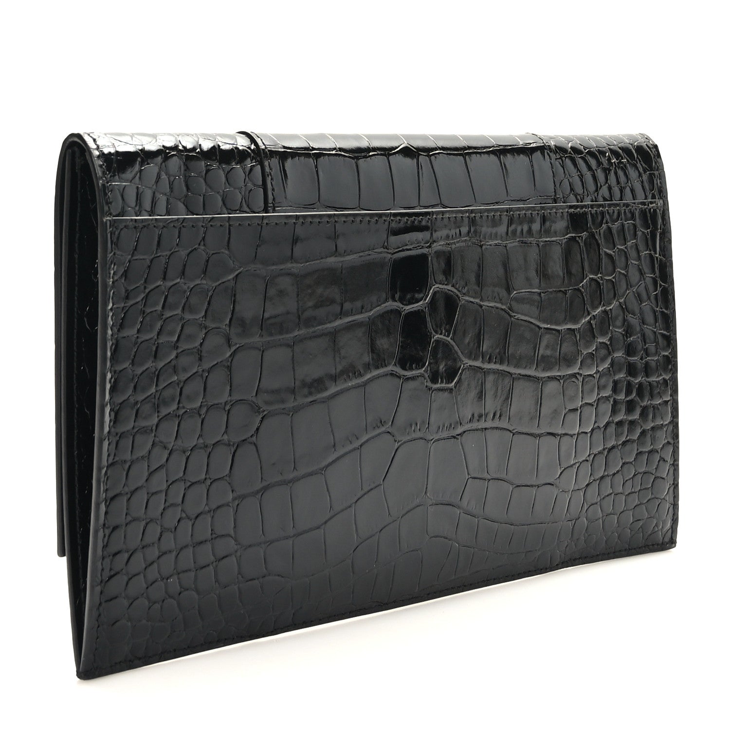 Balenciaga Shiny Calfskin Crocodile Embossed Hourglass Flap Flat Pouch Black 3 of 7