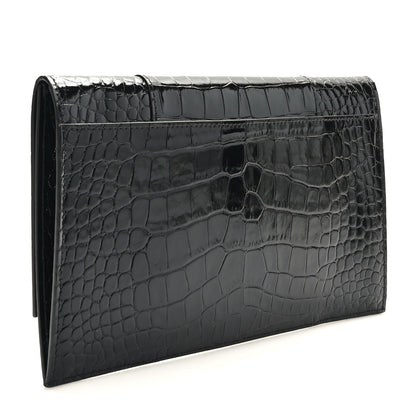 Balenciaga Shiny Calfskin Crocodile Embossed Hourglass Flap Flat Pouch Black 3 of 7