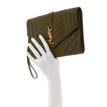 Saint Laurent Grain De Poudre Textured Mixed Matelasse Triquilt Monogram Clutch Vert Kaki 2 of 8