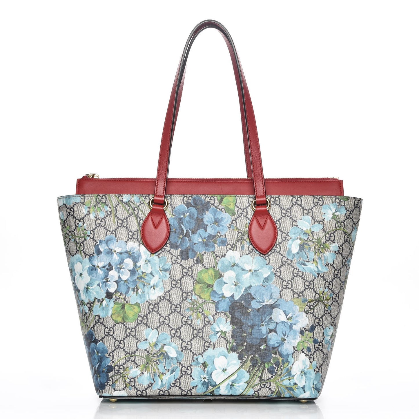 GG Supreme Monogram Blooms Medium Zippered Bucket Tote Beige Blue Navy Hibiscus Red