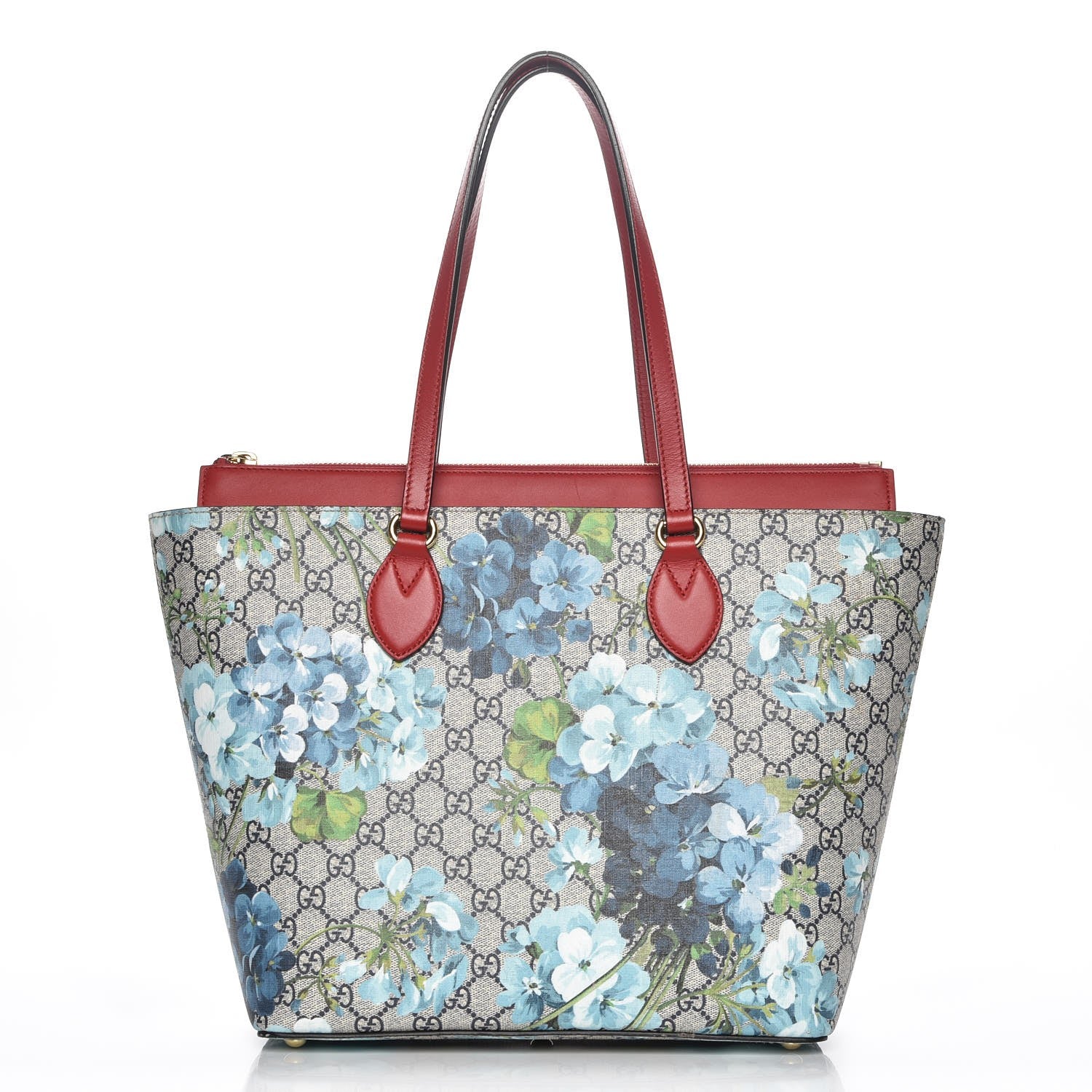 Gucci GG Supreme Monogram Blooms Medium Zippered Bucket Tote Beige Blue Navy Hibiscus Red 1 of 8