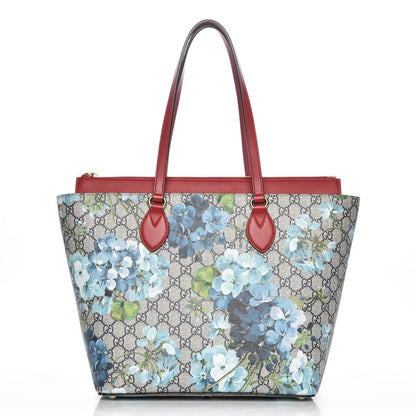 Gucci GG Supreme Monogram Blooms Medium Zippered Bucket Tote Beige Blue Navy Hibiscus Red 1 of 8